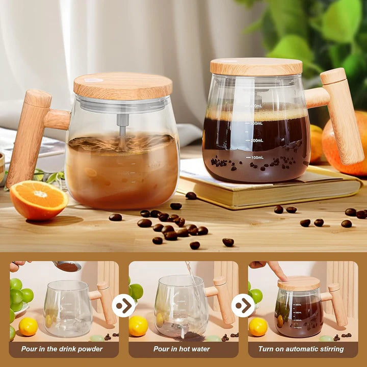 Self Stirring Coffee Mug, Glass Electric Self Mixing Cup with Lid &amp; Handle