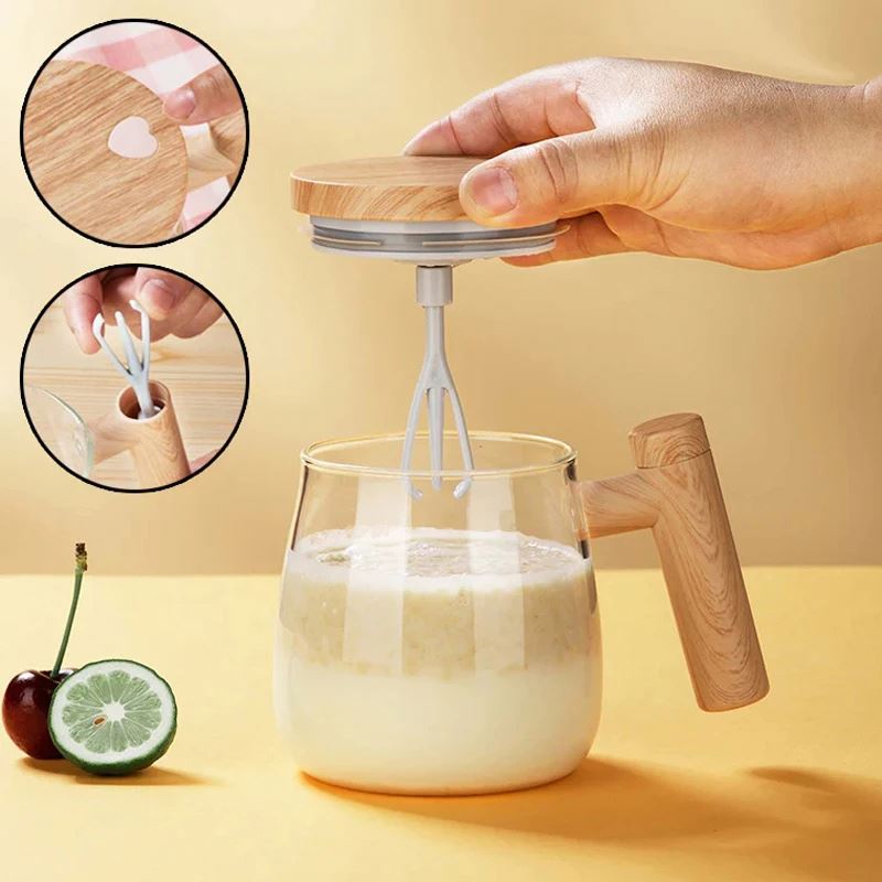 Self Stirring Coffee Mug, Glass Electric Self Mixing Cup with Lid &amp; Handle